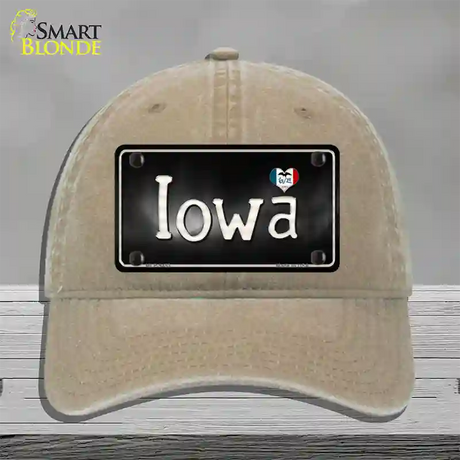 Iowa Flag Script Novelty License Plate Hat Unconstructed Cotton / Khaki