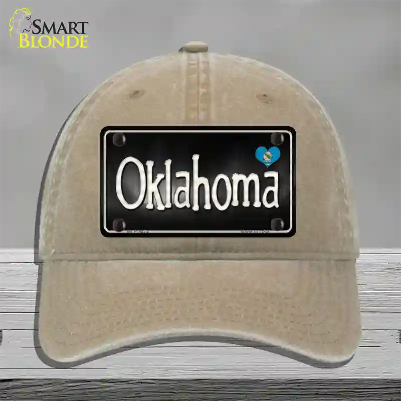 Oklahoma Flag Script Novelty License Plate Hat Unconstructed Cotton / Khaki