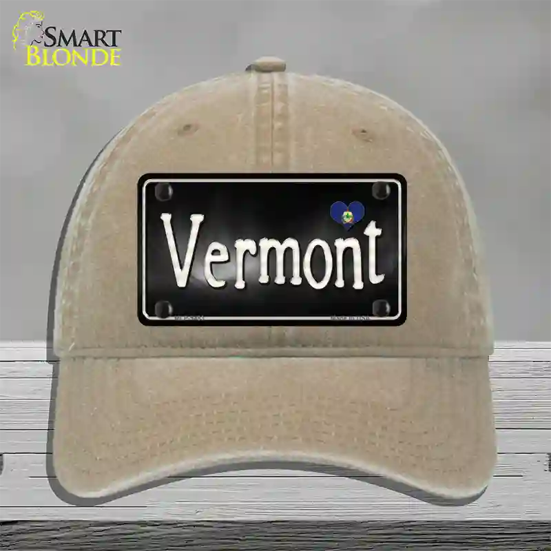 Vermont Flag Script Novelty License Plate Hat Unconstructed Cotton / Khaki