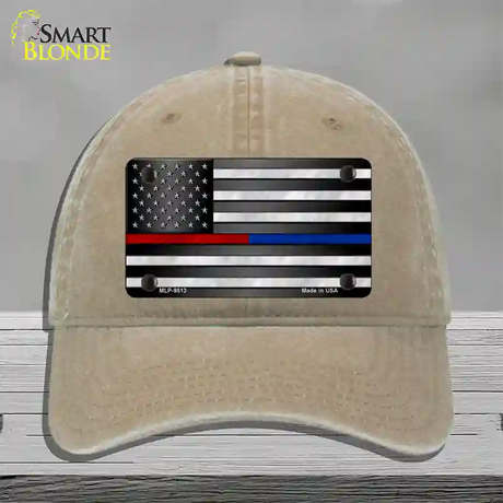 American Flag Police / Fire Novelty License Plate Hat Unconstructed Cotton / Khaki