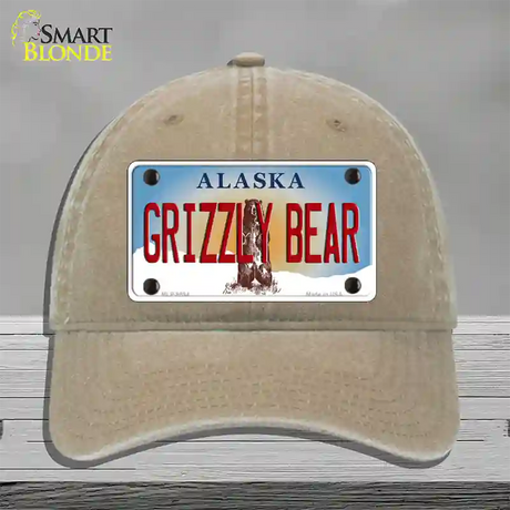 Grizzly Bear Alaska State Novelty License Plate Hat Unconstructed Cotton / Khaki