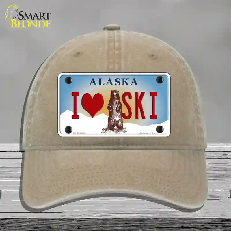 I Love Ski Alaska State Novelty License Plate Hat Unconstructed Cotton / Khaki