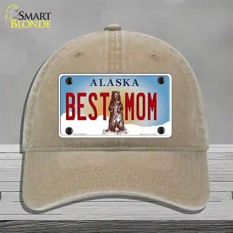 Best Mom Alaska State Novelty License Plate Hat Unconstructed Cotton / Khaki