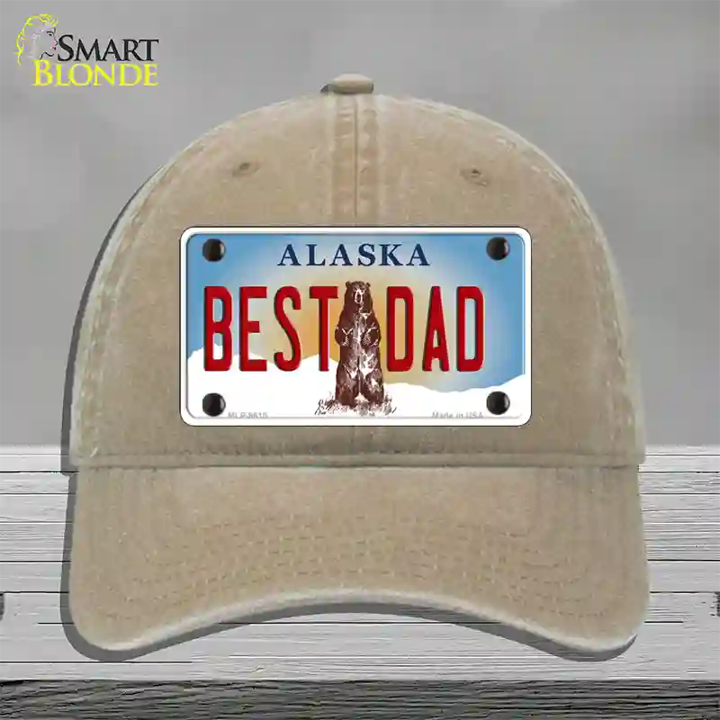 Best Dad Alaska State Novelty License Plate Hat Unconstructed Cotton / Khaki