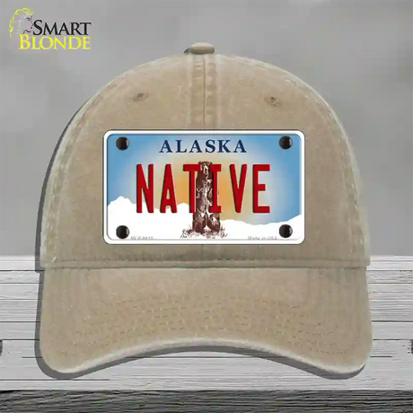 Native Alaska State Novelty License Plate Hat Unconstructed Cotton / Khaki