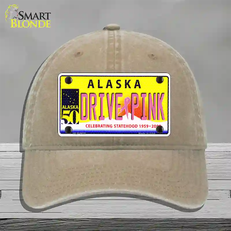 Drive Pink Alaska Novelty License Plate Hat Unconstructed Cotton / Khaki