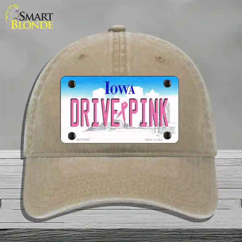 Drive Pink Iowa Novelty License Plate Hat Unconstructed Cotton / Khaki