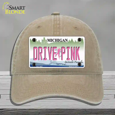 Drive Pink Michigan Novelty License Plate Hat Unconstructed Cotton / Khaki