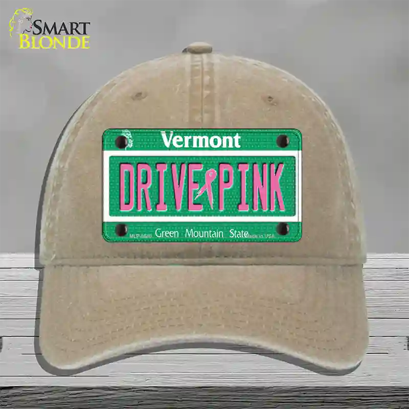 Drive Pink Vermont Novelty License Plate Hat Unconstructed Cotton / Khaki