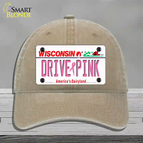 Drive Pink Wisconsin Novelty License Plate Hat Unconstructed Cotton / Khaki