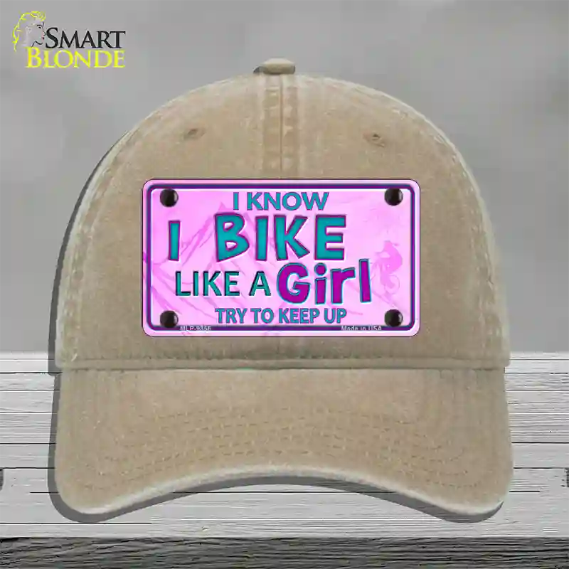 Bike Like A Girl Pink Novelty License Plate Hat Unconstructed Cotton / Khaki