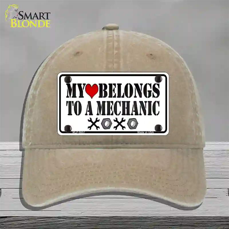 Heart Belongs To Mechanic Novelty License Plate Hat Unconstructed Cotton / Khaki