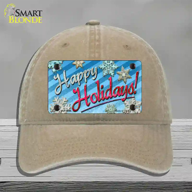 Happy Holidays Blue Novelty License Plate Hat Unconstructed Cotton / Khaki