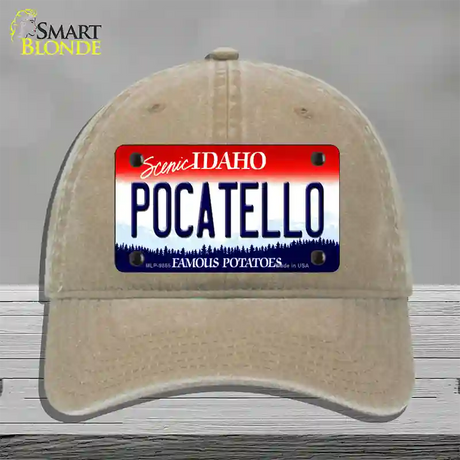 Pocatello Idaho Novelty License Plate Hat Unconstructed Cotton / Khaki