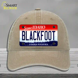 Blackfoot Idaho Novelty License Plate Hat Unconstructed Cotton / Khaki