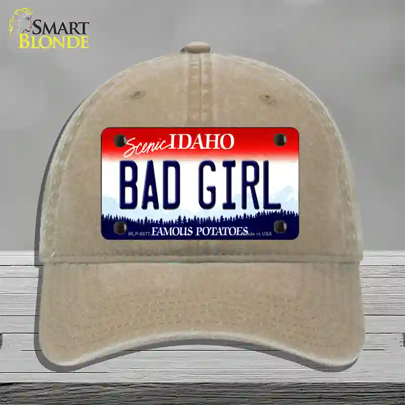 Bad Girl Idaho Novelty License Plate Hat Unconstructed Cotton / Khaki