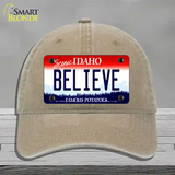 Believe Idaho Novelty License Plate Hat Unconstructed Cotton / Khaki