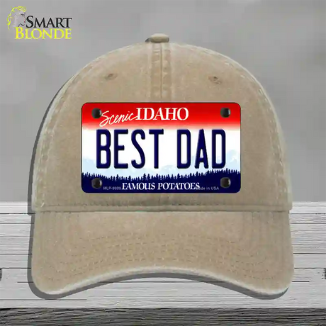 Best Dad Idaho Novelty License Plate Hat Unconstructed Cotton / Khaki