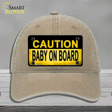 Caution Baby On Board Novelty License Plate Hat Unconstructed Cotton / Khaki