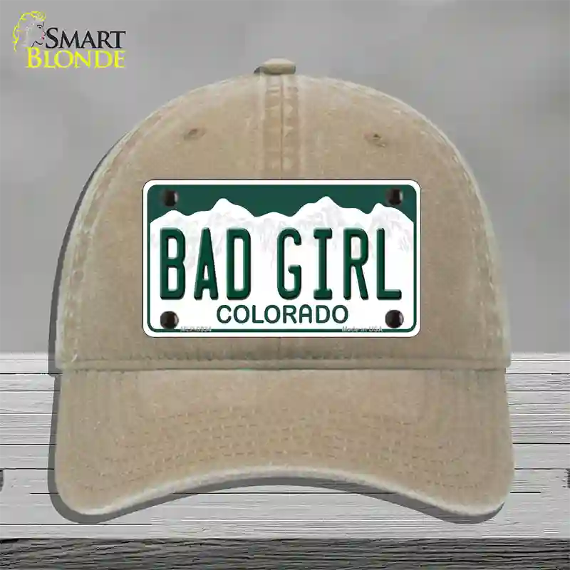 Bad Girl Colorado Novelty License Plate Hat Unconstructed Cotton / Khaki