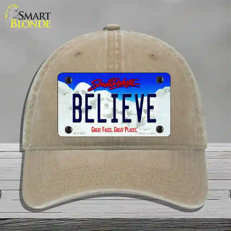 Believe South Dakota Novelty License Plate Hat Unconstructed Cotton / Khaki