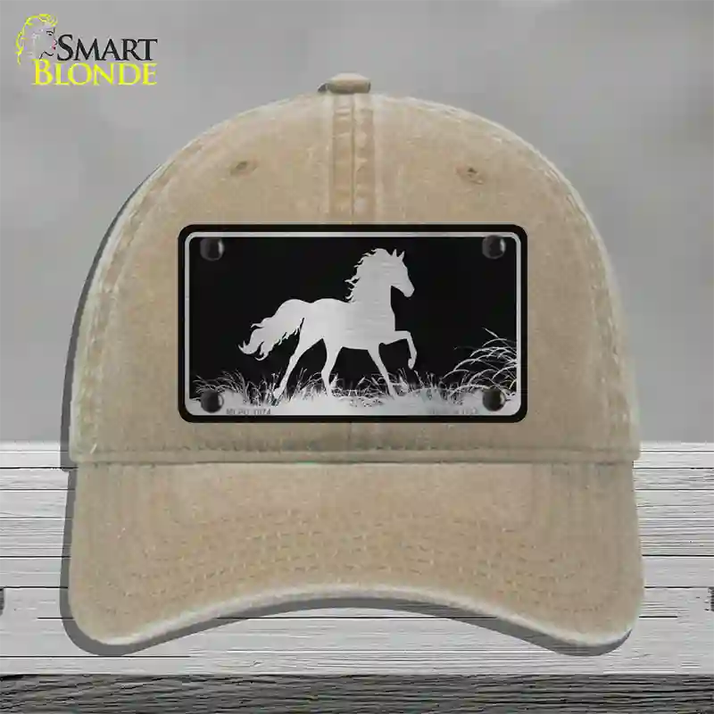 Horse Black Brushed Chrome Novelty License Plate Hat Unconstructed Cotton / Khaki