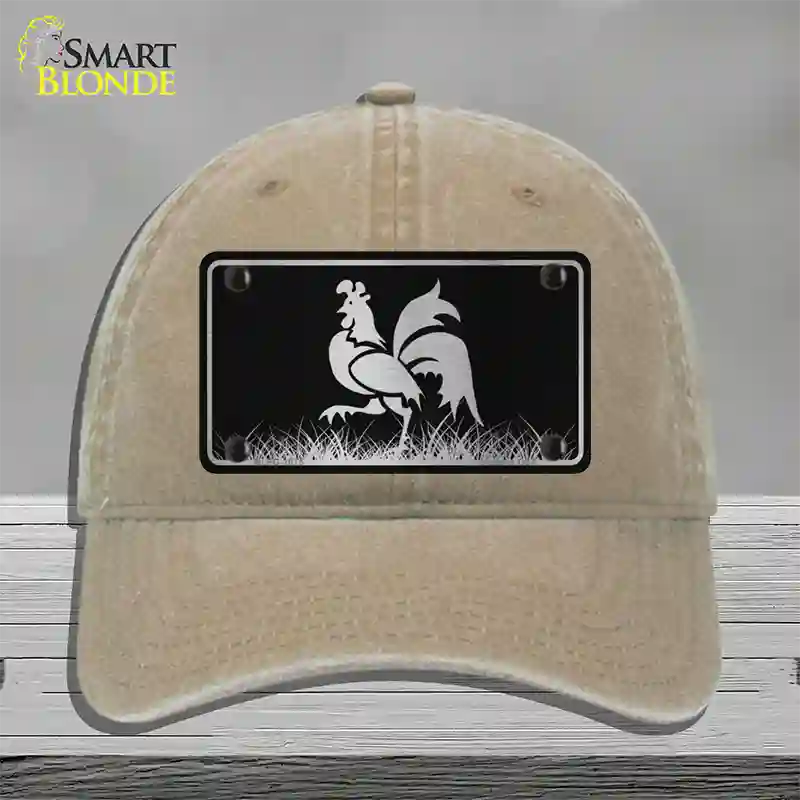 Rooster Black Brushed Chrome Novelty License Plate Hat Unconstructed Cotton / Khaki