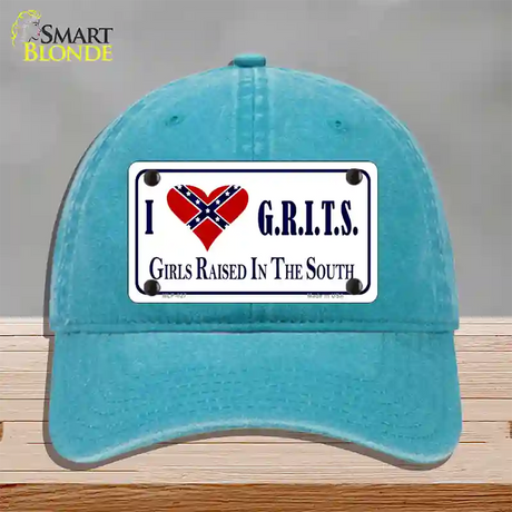 G.R.I.T.S. Confederate Flag Novelty License Plate Hat Unconstructed Cotton / Lake Blue