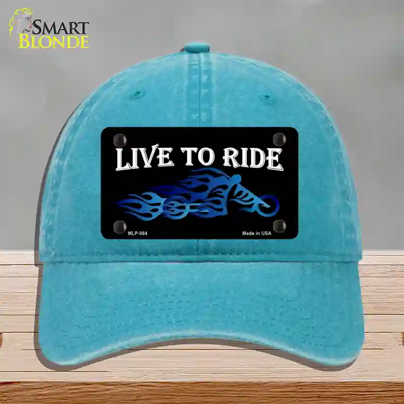 Live To Ride Novelty License Plate Hat Unconstructed Cotton / Lake Blue