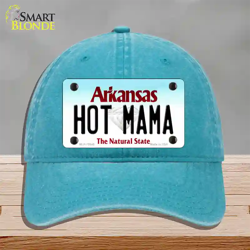 Hot Mama Arkansas Novelty License Plate Hat Unconstructed Cotton / Lake Blue