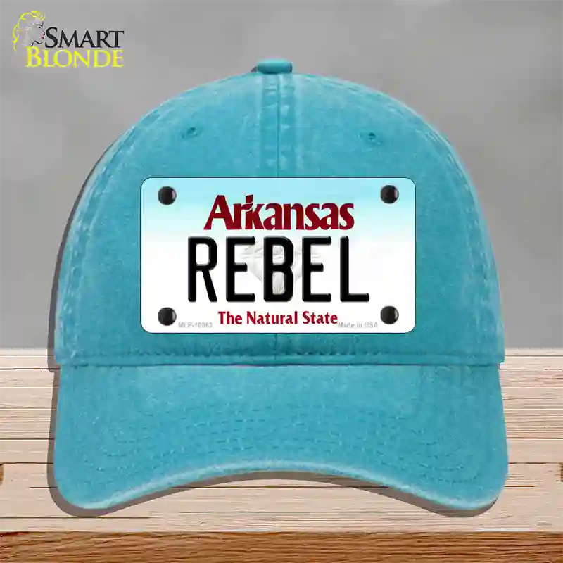 Rebel Arkansas Novelty License Plate Hat Unconstructed Cotton / Lake Blue