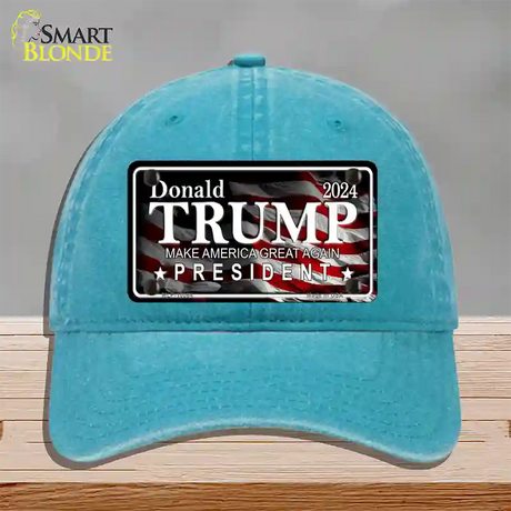 Trump 2024 Novelty License Plate Hat Unconstructed Cotton / Lake Blue