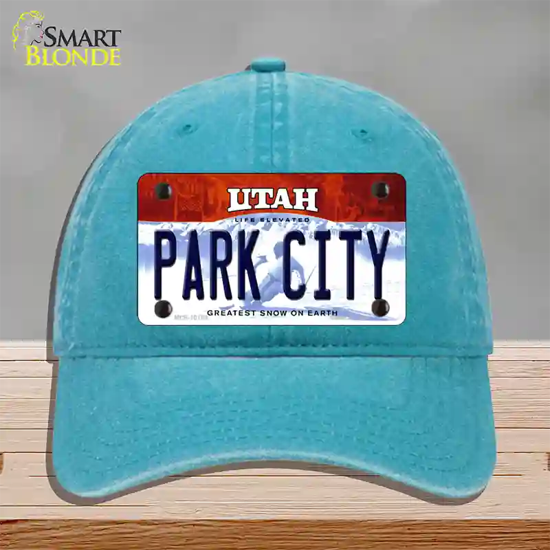 Park City Utah Novelty License Plate Hat Unconstructed Cotton / Lake Blue