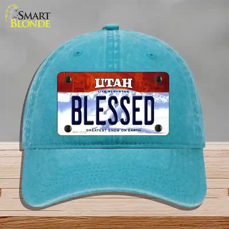 Blessed Utah Novelty License Plate Hat Unconstructed Cotton / Lake Blue