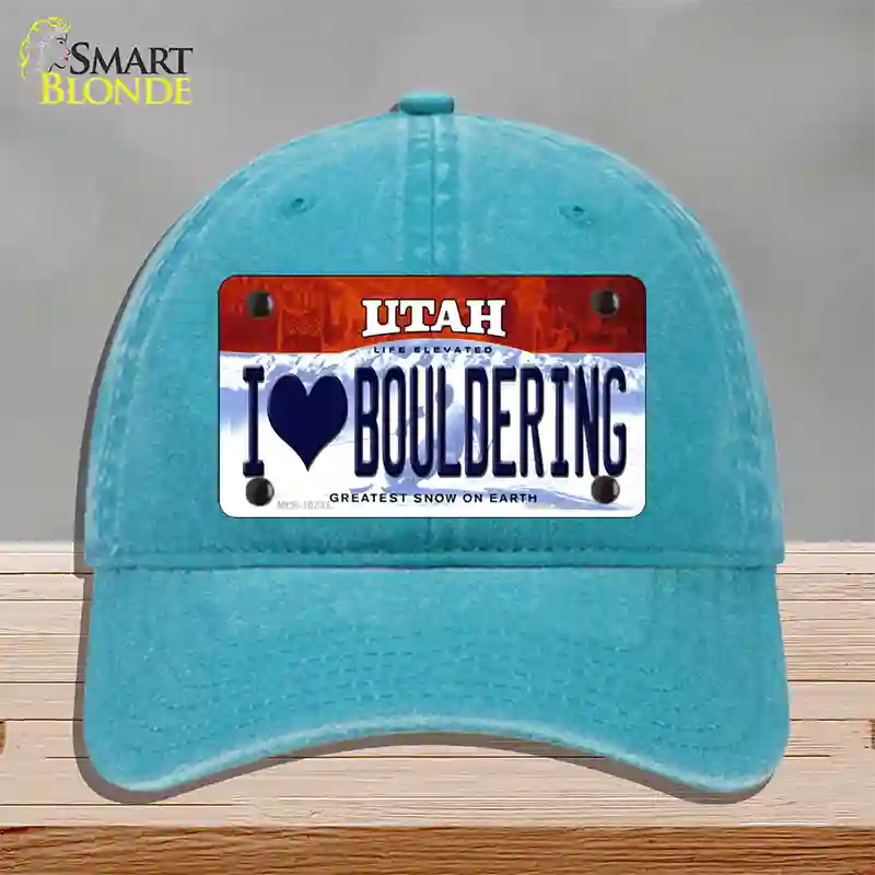 I Love Bouldering Utah Novelty License Plate Hat Unconstructed Cotton / Lake Blue