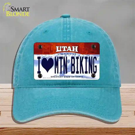 I Love Mtn Biking Utah Novelty License Plate Hat Unconstructed Cotton / Lake Blue