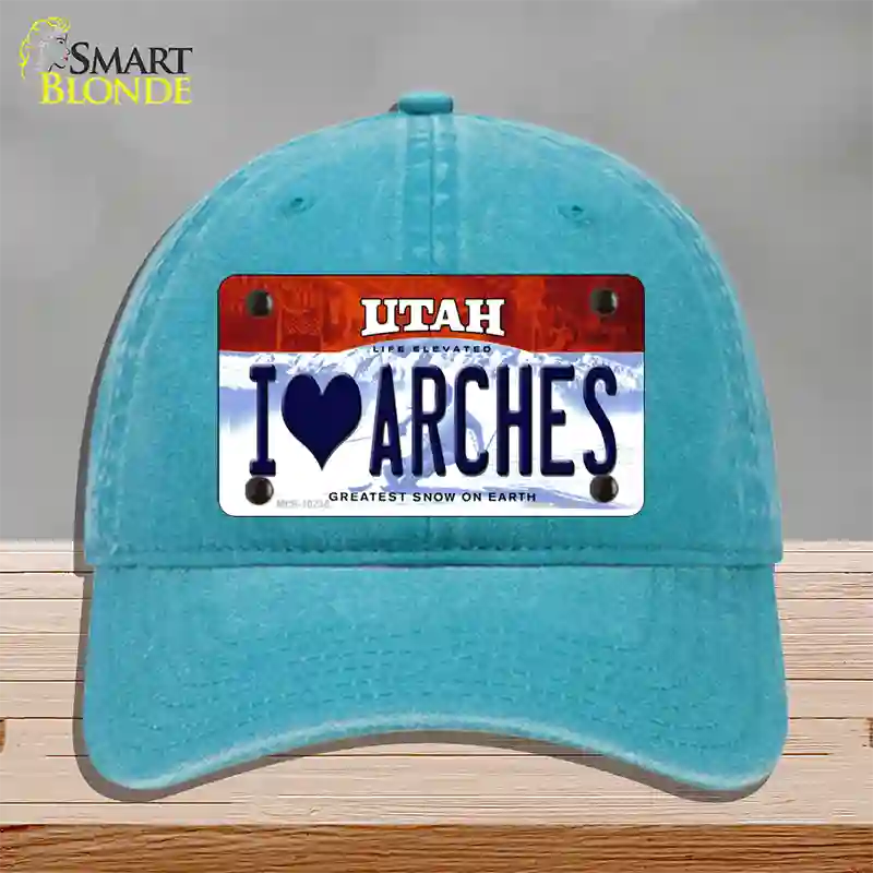 I Love Arches Utah Novelty License Plate Hat Unconstructed Cotton / Lake Blue