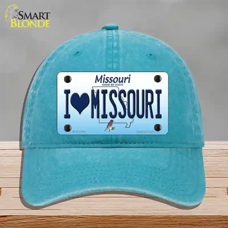 I Love Missouri Novelty License Plate Hat Unconstructed Cotton / Lake Blue