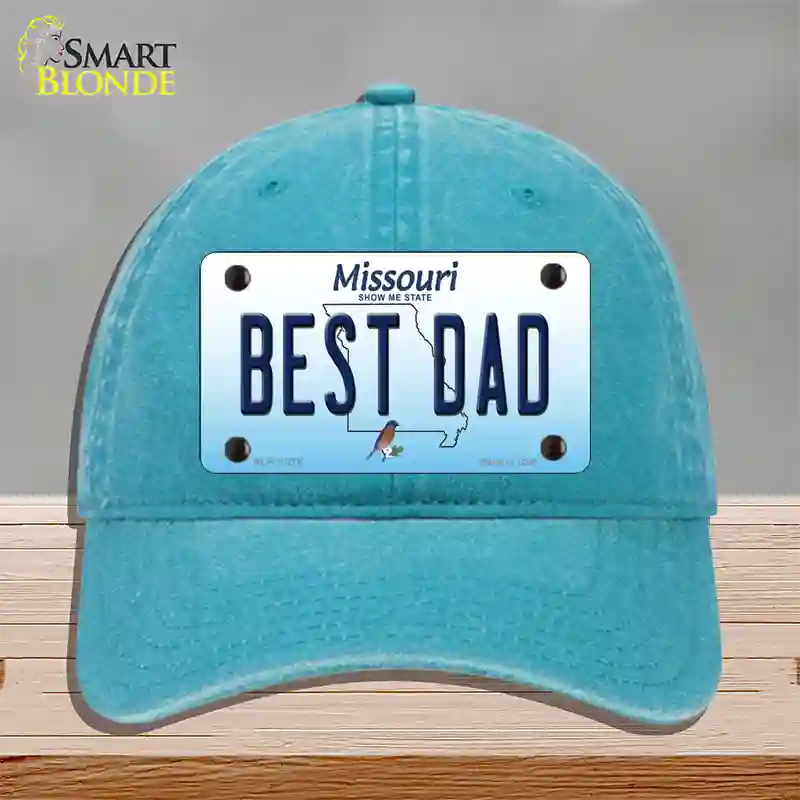 Best Dad Missouri Novelty License Plate Hat Unconstructed Cotton / Lake Blue