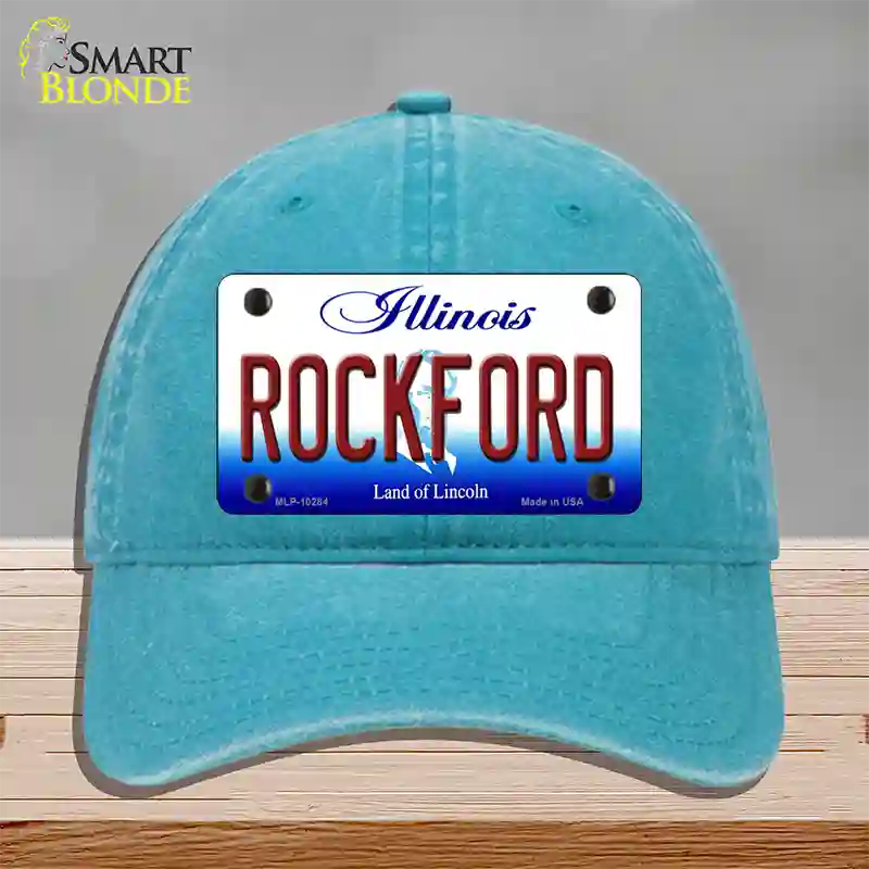 Rockford Illinois Novelty License Plate Hat Unconstructed Cotton / Lake Blue