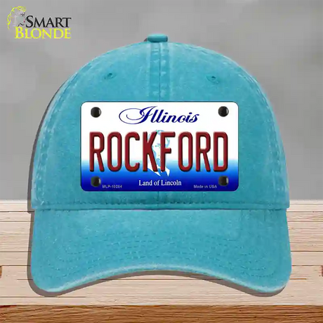 Rockford Illinois Novelty License Plate Hat Unconstructed Cotton / Lake Blue