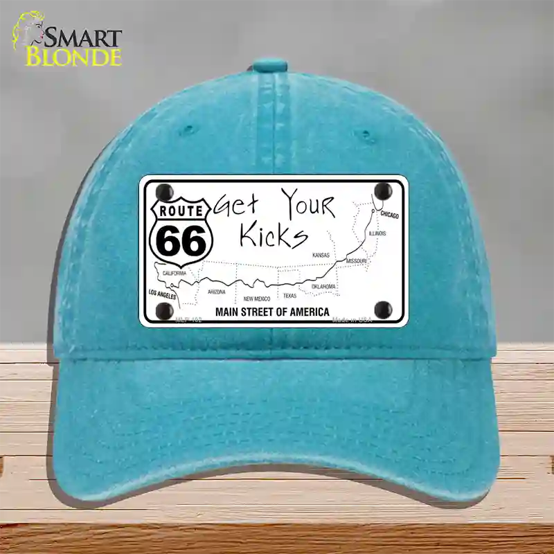 US Route 66 Map Novelty License Plate Hat Unconstructed Cotton / Lake Blue