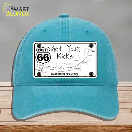 US Route 66 Map Novelty License Plate Hat Unconstructed Cotton / Lake Blue