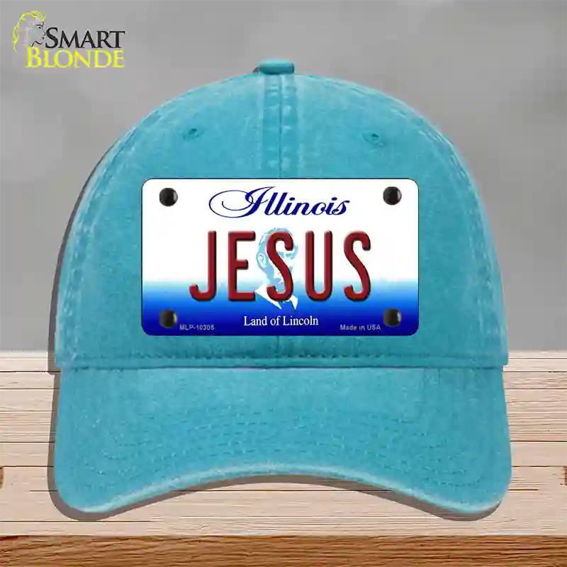 Jesus Illinois Novelty License Plate Hat Unconstructed Cotton / Lake Blue