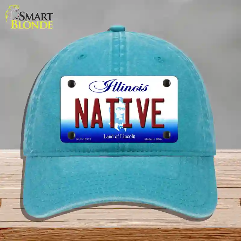 Native Illinois Novelty License Plate Hat Unconstructed Cotton / Lake Blue