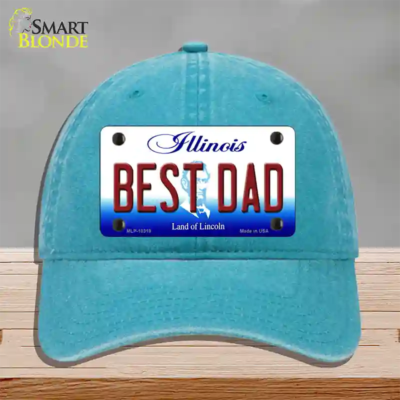 Best Dad Illinois Novelty License Plate Hat Unconstructed Cotton / Lake Blue