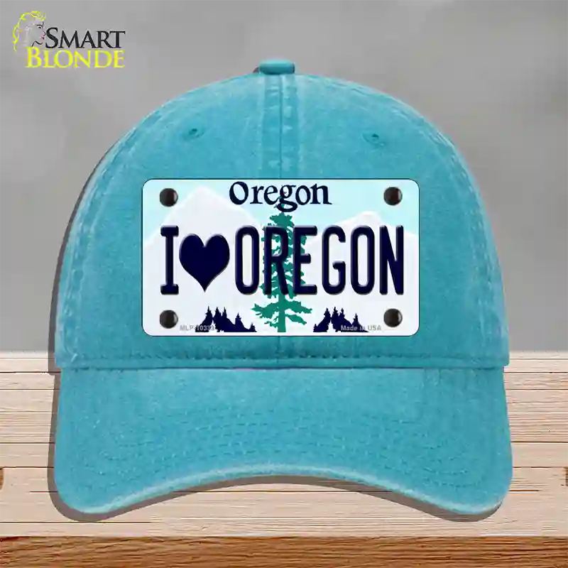 I Love Oregon Novelty License Plate Hat Unconstructed Cotton / Lake Blue