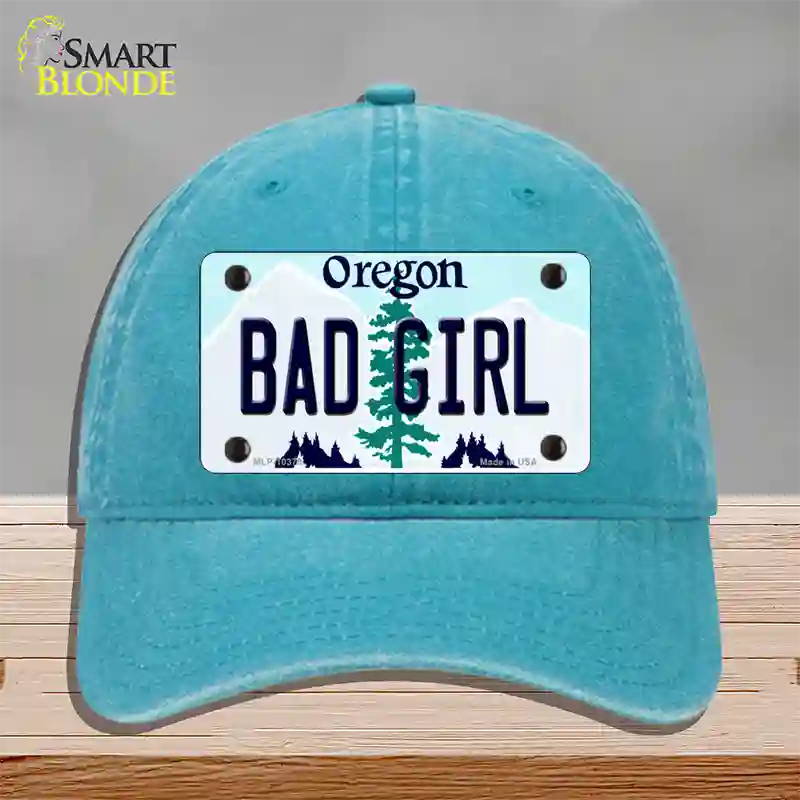 Bad Girl Oregon Novelty License Plate Hat Unconstructed Cotton / Lake Blue