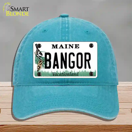 Bangor Maine Novelty License Plate Hat Unconstructed Cotton / Lake Blue