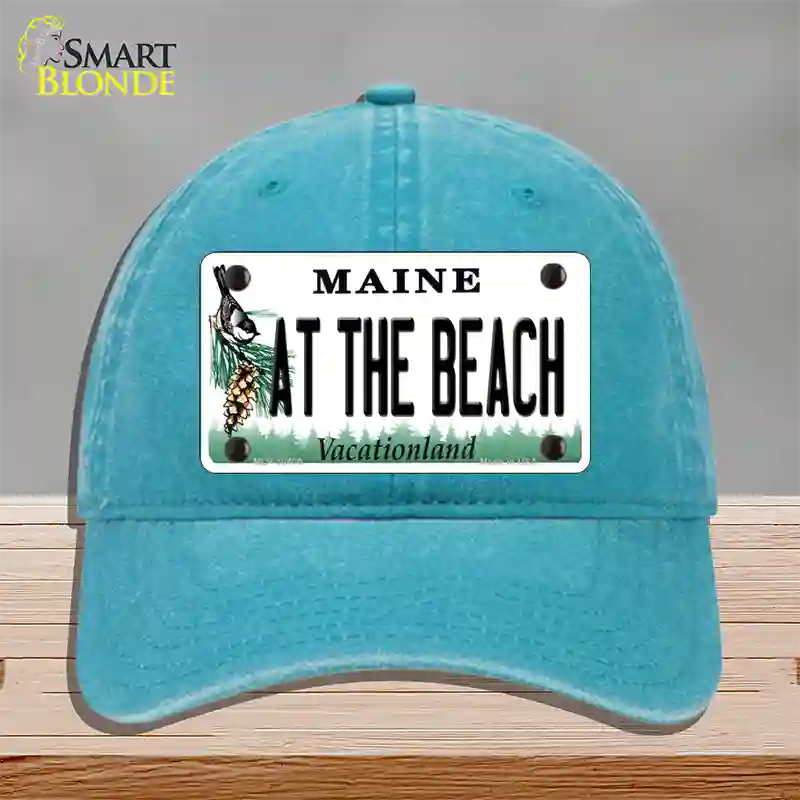 At The Beach Maine Novelty License Plate Hat Unconstructed Cotton / Lake Blue